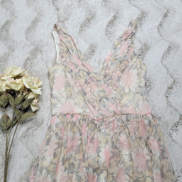 Elizabeth And James 100% Silk Shell Pink White Floral Print Sash V Neck Dress 4 - Picture 2 of 12